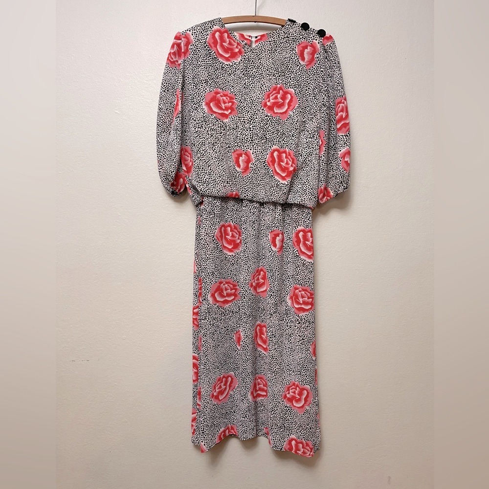 Vintage Animal Spot Rose Midi Dress, Sz 12